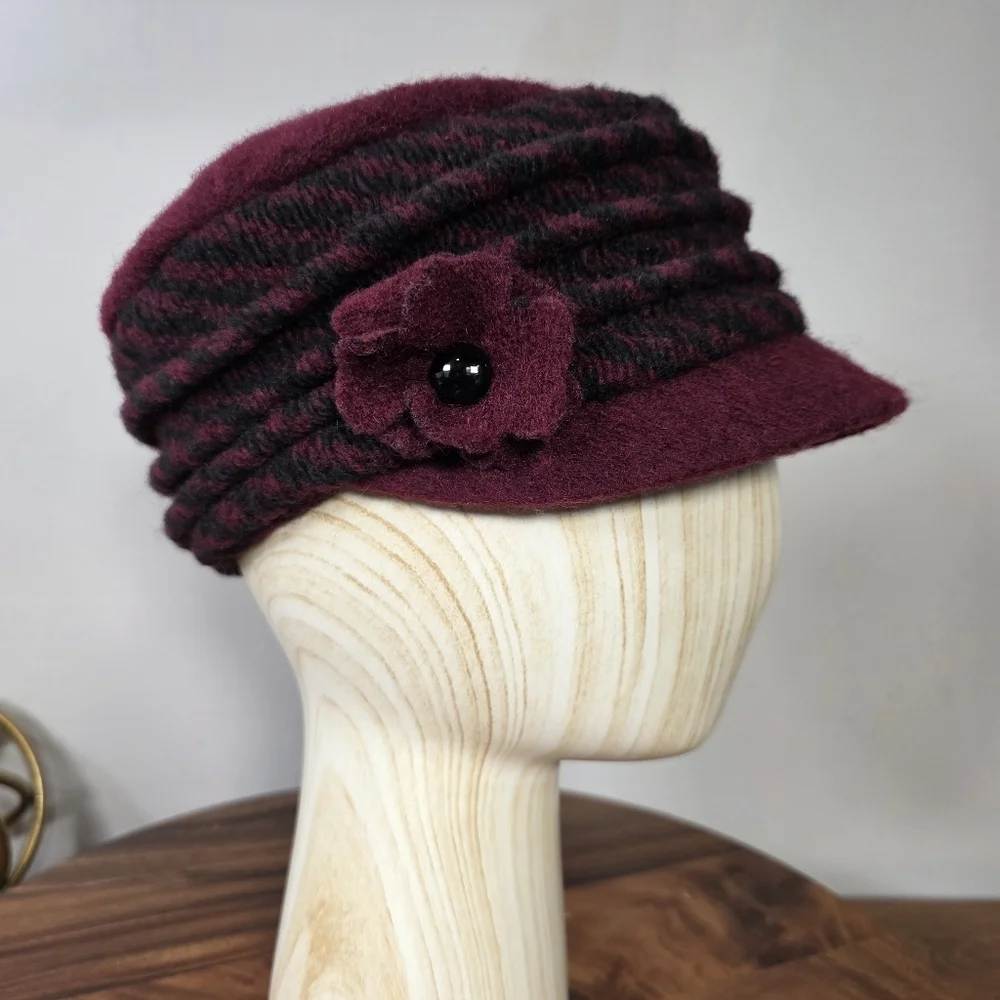 Cappellificio Guliana Italian Wool Blend Burgundy Floral Newsboy Cap